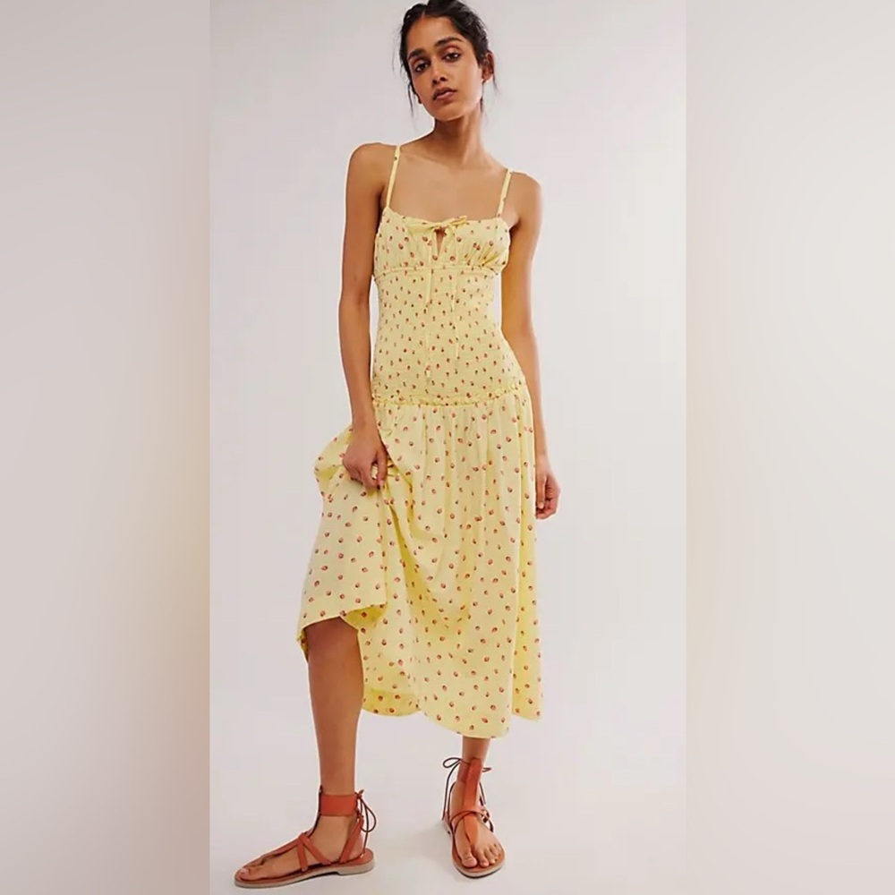 Free People Yellow Midi Dress with Red Floral Print